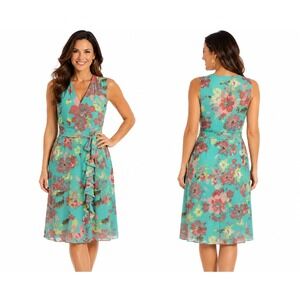 KSL Teal Floral Faux Wrap Ruffle Chiffon Dress Sleeveless V-Neck Knee‎ Length 14